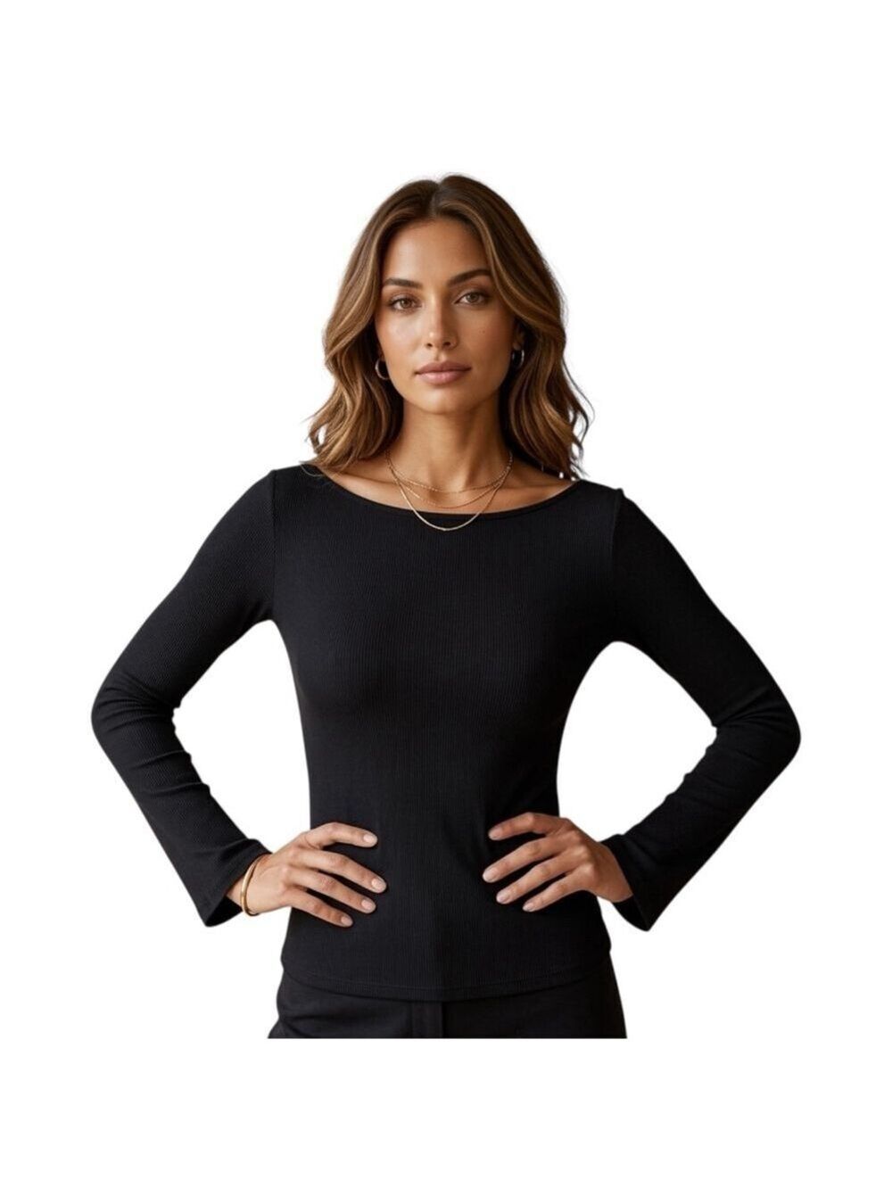 PrettyGarden NWT Black Ribbed Boat Neck Ruched Top Medium